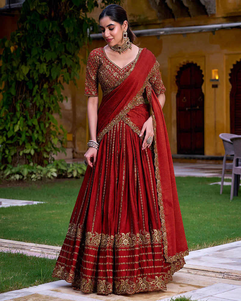 Womenline Rust Orange Color Rangoli Crush Embroidered Lehenga Choli