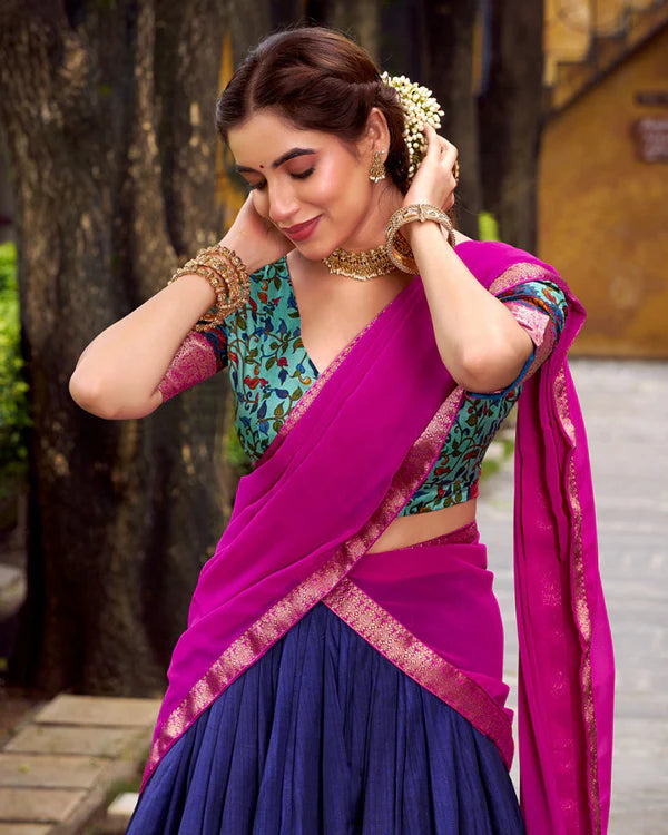 Womenline Navy Blue Color Aastha Silk Printed Half Saree