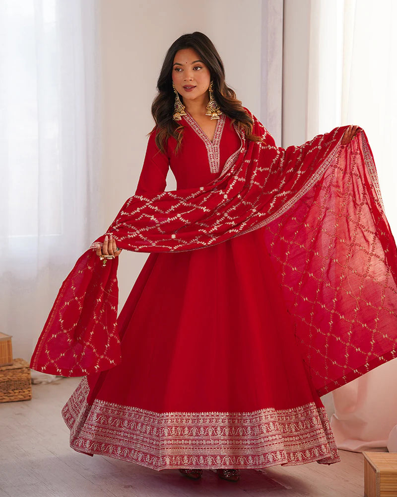 Womenline Red Color Vichitra Silk Embroidered Gown