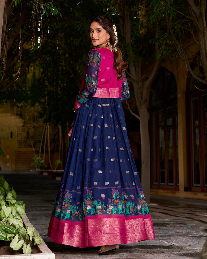 Womenline Elegant Navy Blue Color Poly Cotton Gown With koti