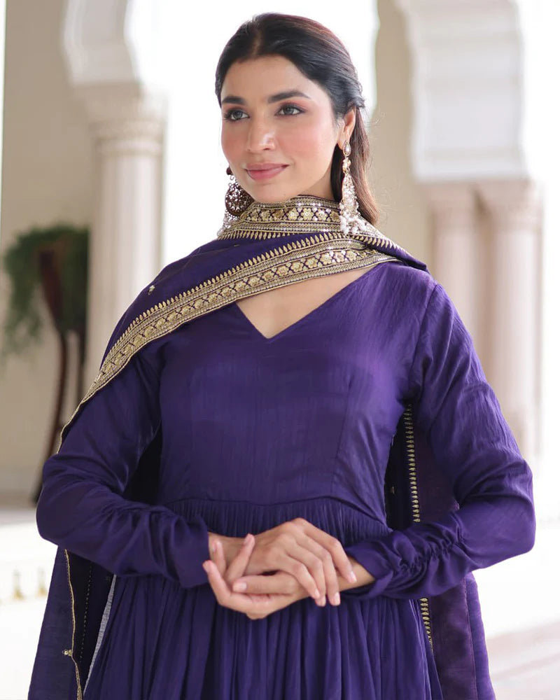 Womenline Royal Violet Color Vichitra Silk Sequence Embroidered Gown