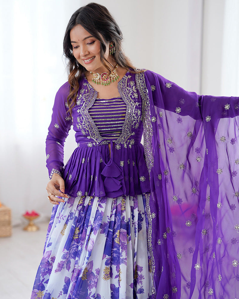 Womenline Purple Color Georgette Printed And Embroidered Lehenga Choli