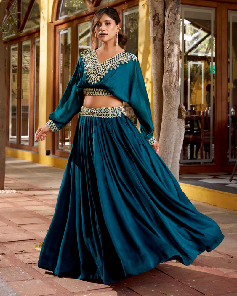 Womenline Peacock Blue Color Vichitra Silk Embroidered Lehenga Choli