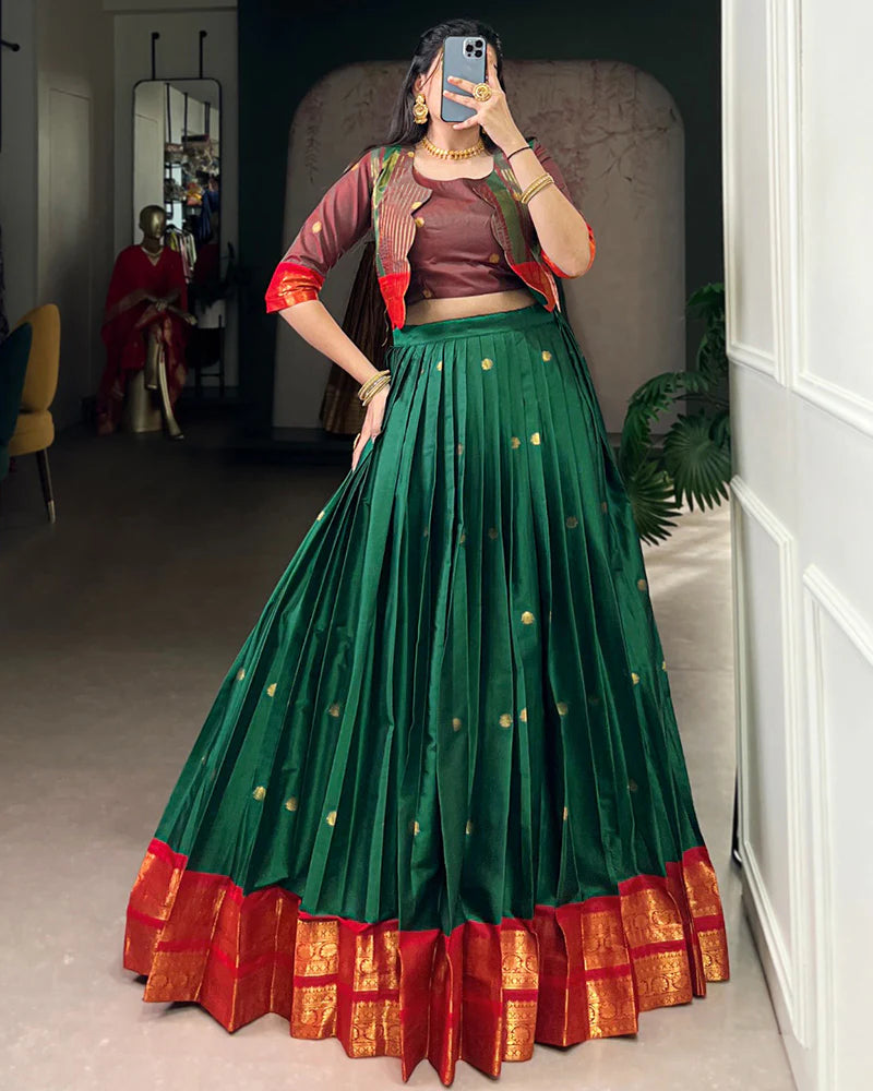 Womenline Green Color Poly Cotton Zari Weaving Lehenga Choli
