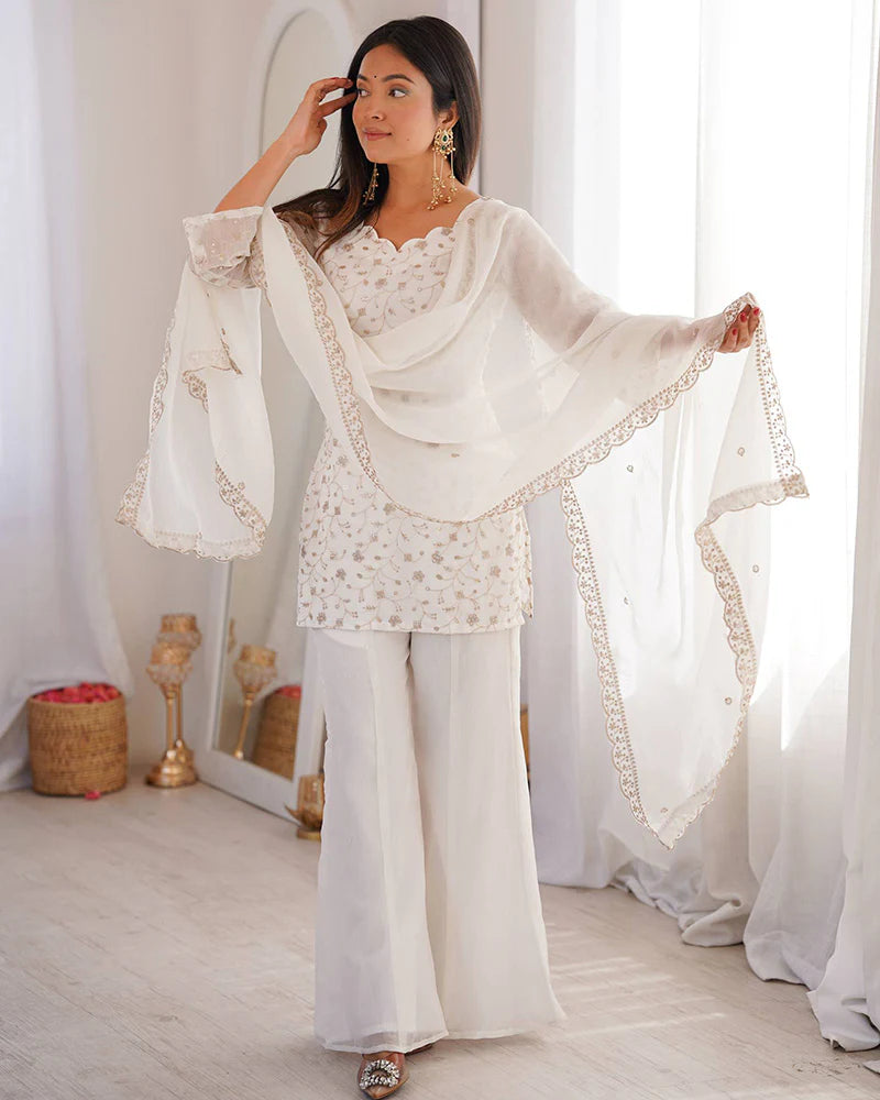 Womenline Off-White Color Crunchy Silk Embroidered Plazzo Suit