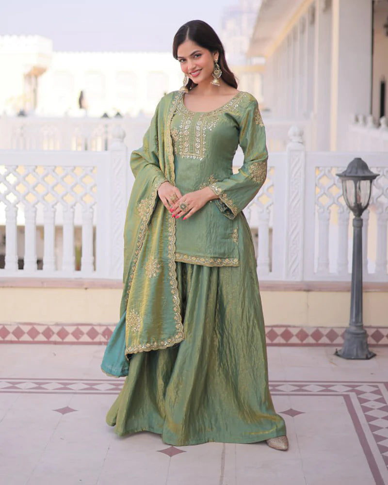 Womenline Pista Color Fendi Crush Embroidered Plazzo Suit