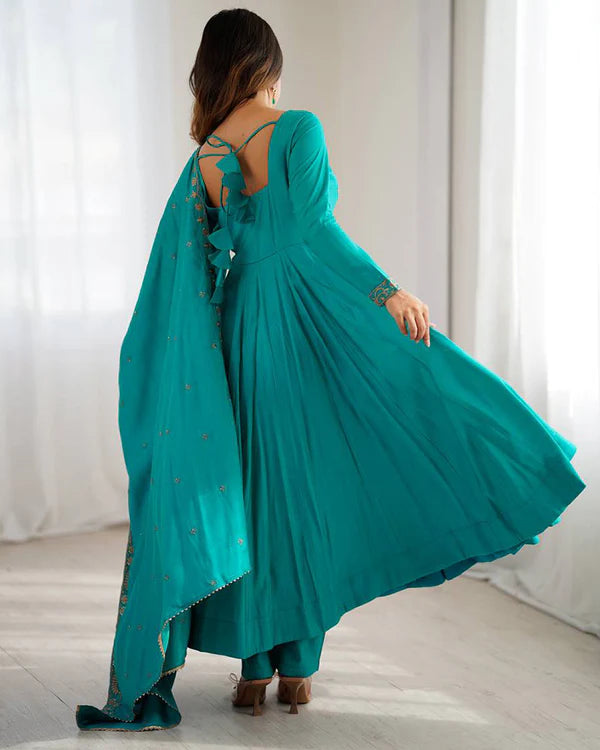 Womenline Rama Color Pure Chanderi Silk Three Piece Anarkali Suit