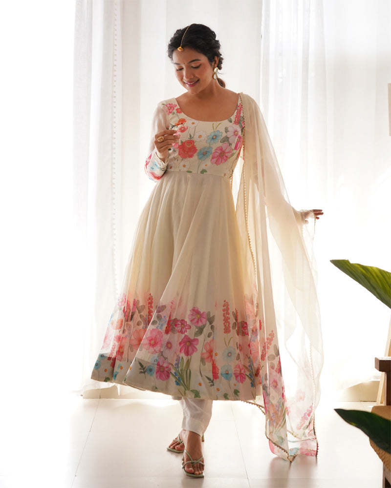 Womenline Off White Floral Print Organza Three Piece Anarkali Suit