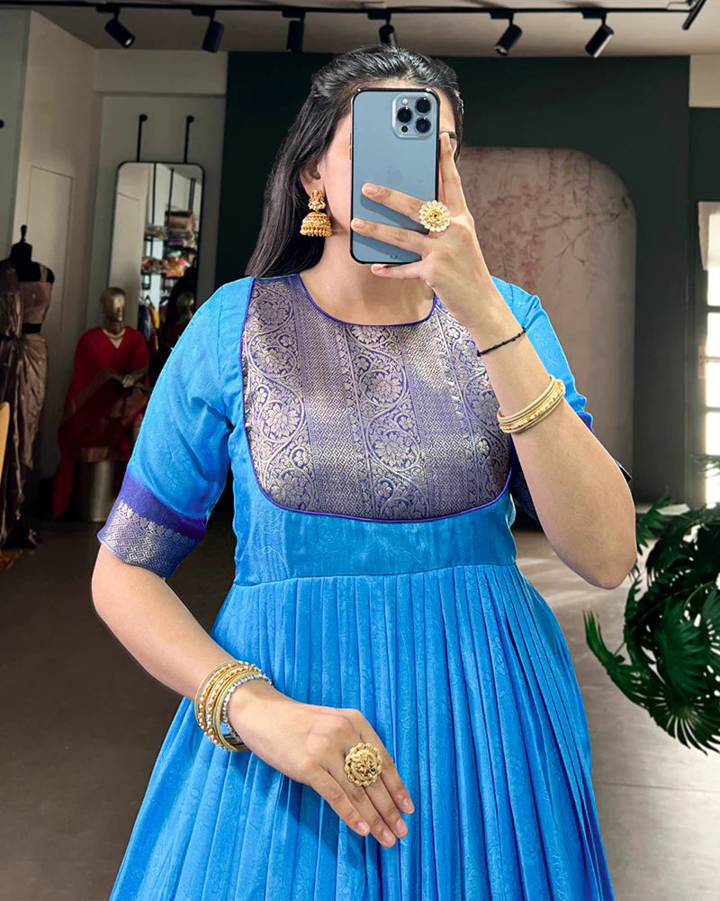 Womenline Blue Color Mass Mello Zari Weaving Gown