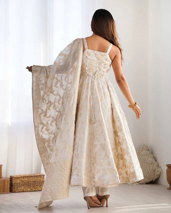Womenline Off-White Color Banarasi Jacquard Silk Anarkali Suit
