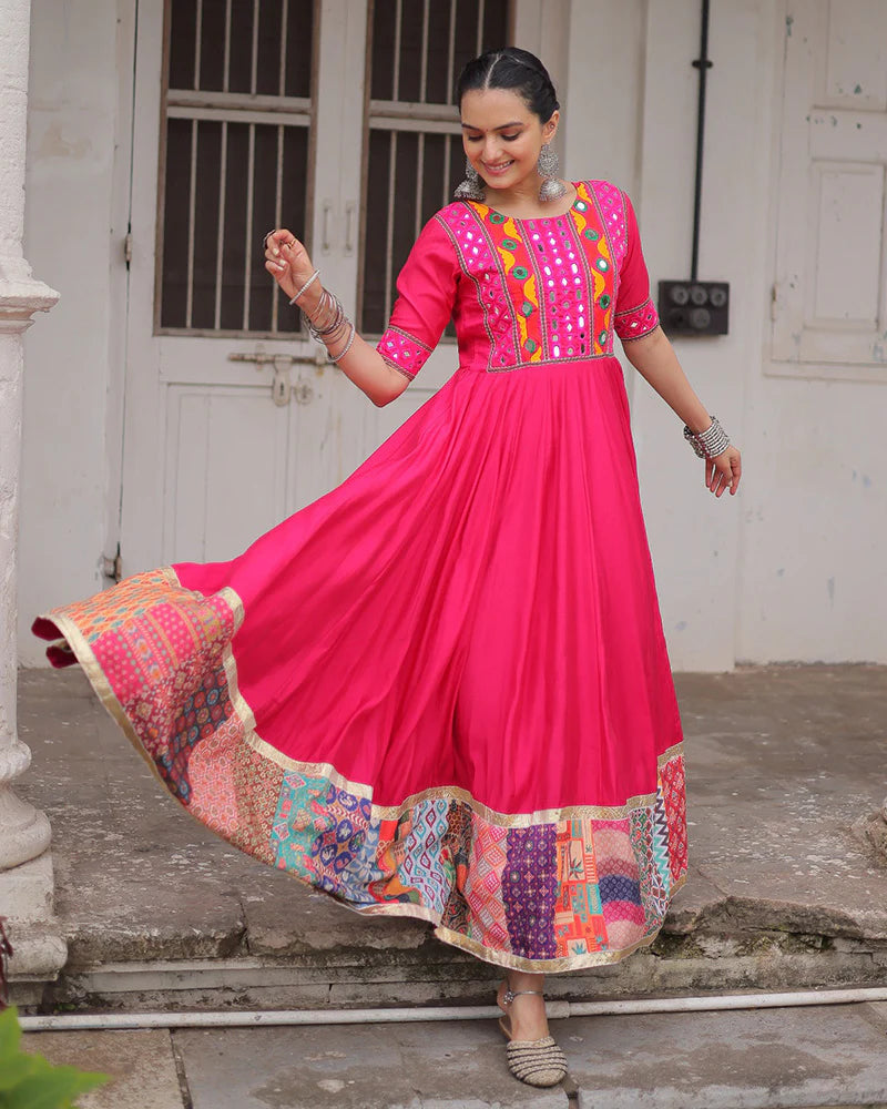 Womenline Colorful Border Pink Color Roman Silk Gamthi Work Navratri Gown