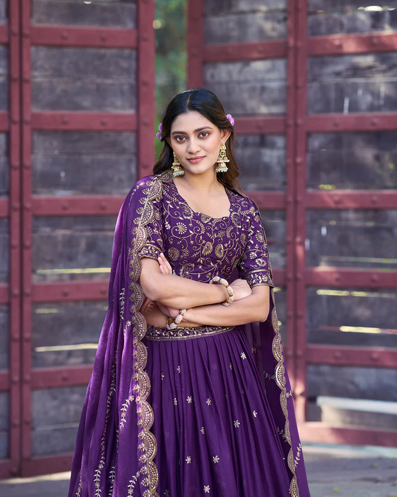 Womenline Purple Color Star Georgette Embroidered Lehenga Choli