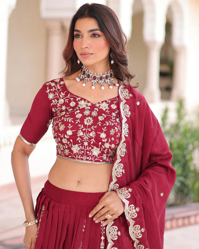 Womenline Maroon Color Vichitra Silk Embroidered Lehenga Choli