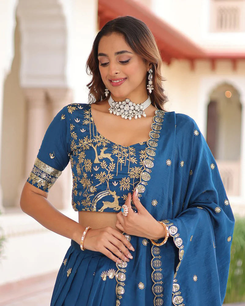 Womenline Peacock Blue Color Vichitra Silk Sequence Embroidered Lehenga Choli