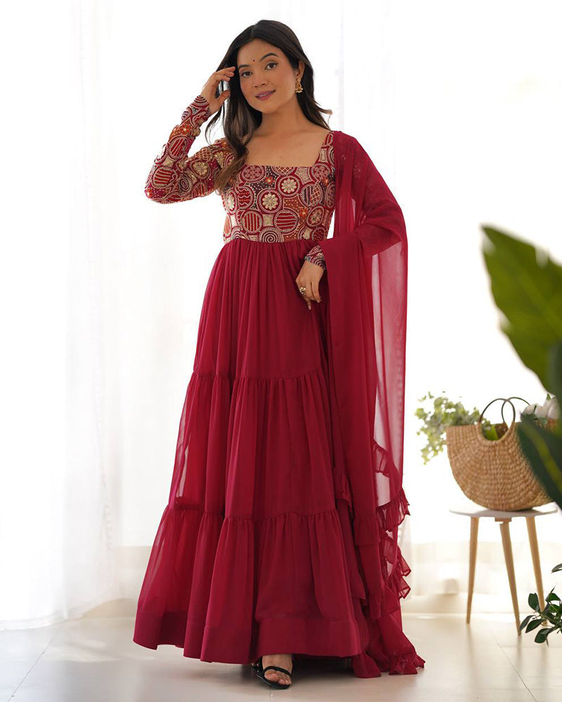 Womenline Maroon Color Soft Georgette Embroidered Anarkali Suit