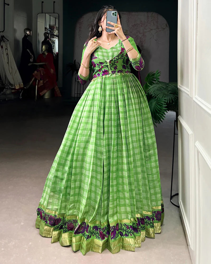 Womenline Parrot Green Color Viscose Chanderi Printed Gown