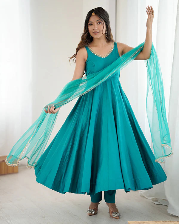 Womenline Rama Color Chanderi Pure Roman Silk Anarkali Suit