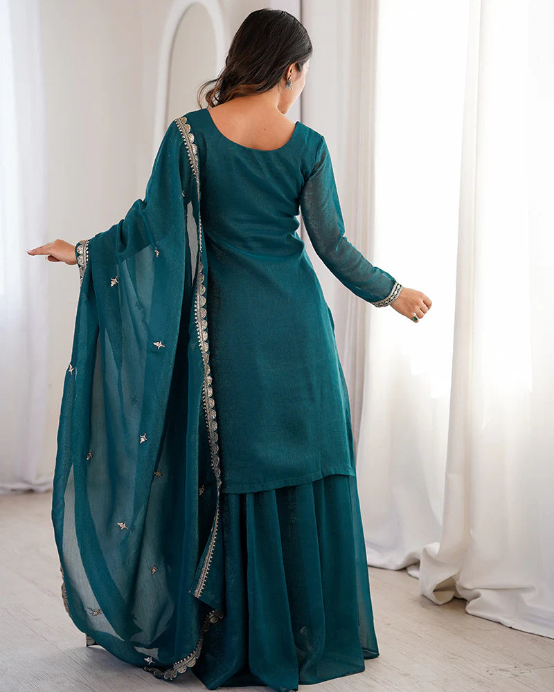 Womenline Teal Blue Color Soft Crunchy Silk Embroidered Plazzo Suit