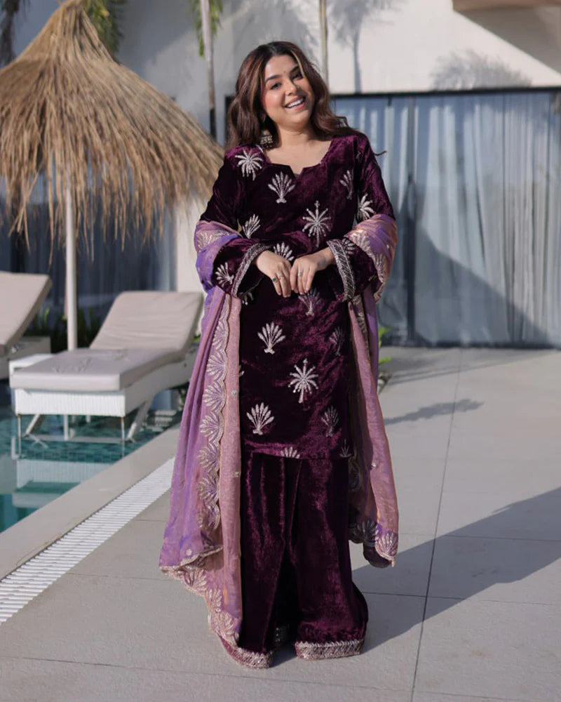 Womenline Wine Color Ice Velvet Embroidered Plazzo Suit