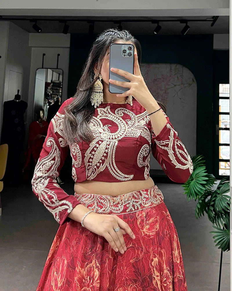 Womenline Red Color Tasar Silk Printed Embroidered Lehenga Choli