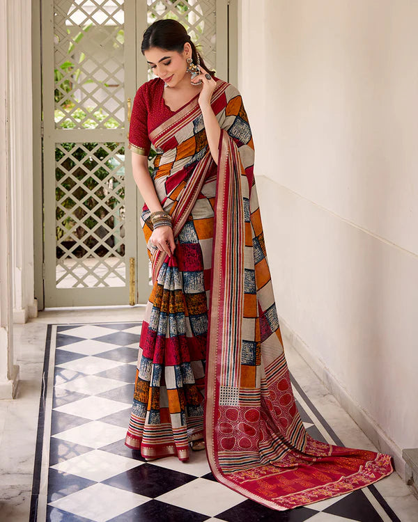 Womenline Maroon Color Polyester Chanderi Printed Saree