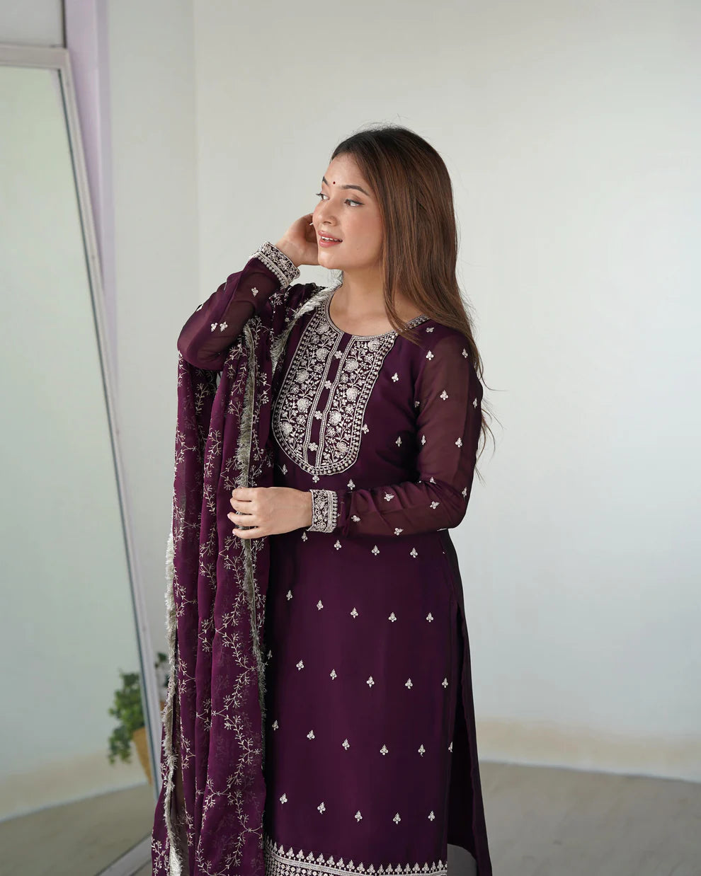 Womenline Wine Color Rangoli Silk Three Piece Kurti Suit