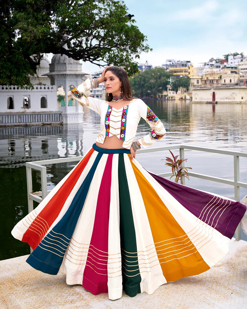 Womenline Ethnic Rayon Gamthi Embroidery Multi-Color Navratri Lehenga Choli