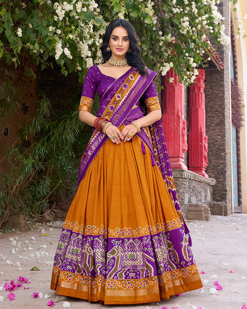 Womenline Designer Patola Printed Mustard Color Tussar Silk Lehenga Choli