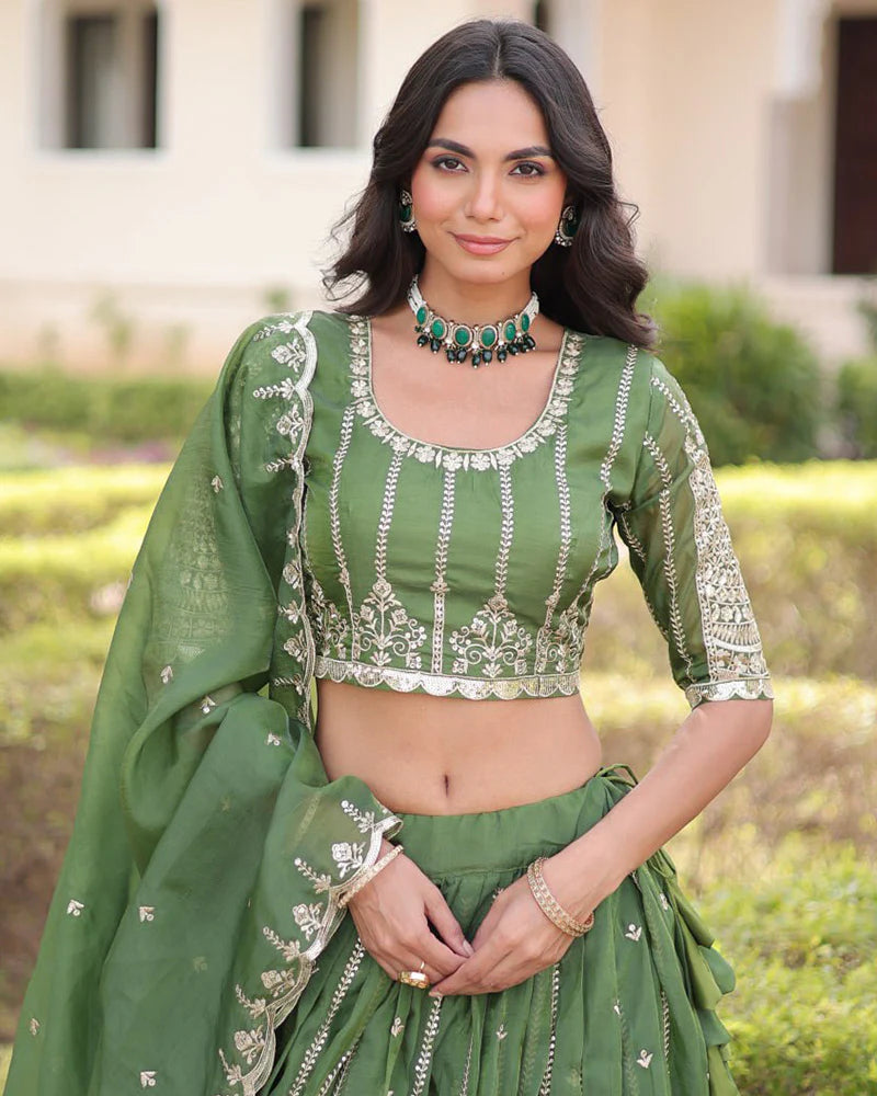 Womenline Mehndi Green Color Gold Crush Embroidered Lehenga Choli