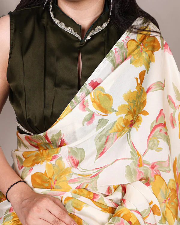 Womenline Yellow Color Satin Silk Floral Printed Saree