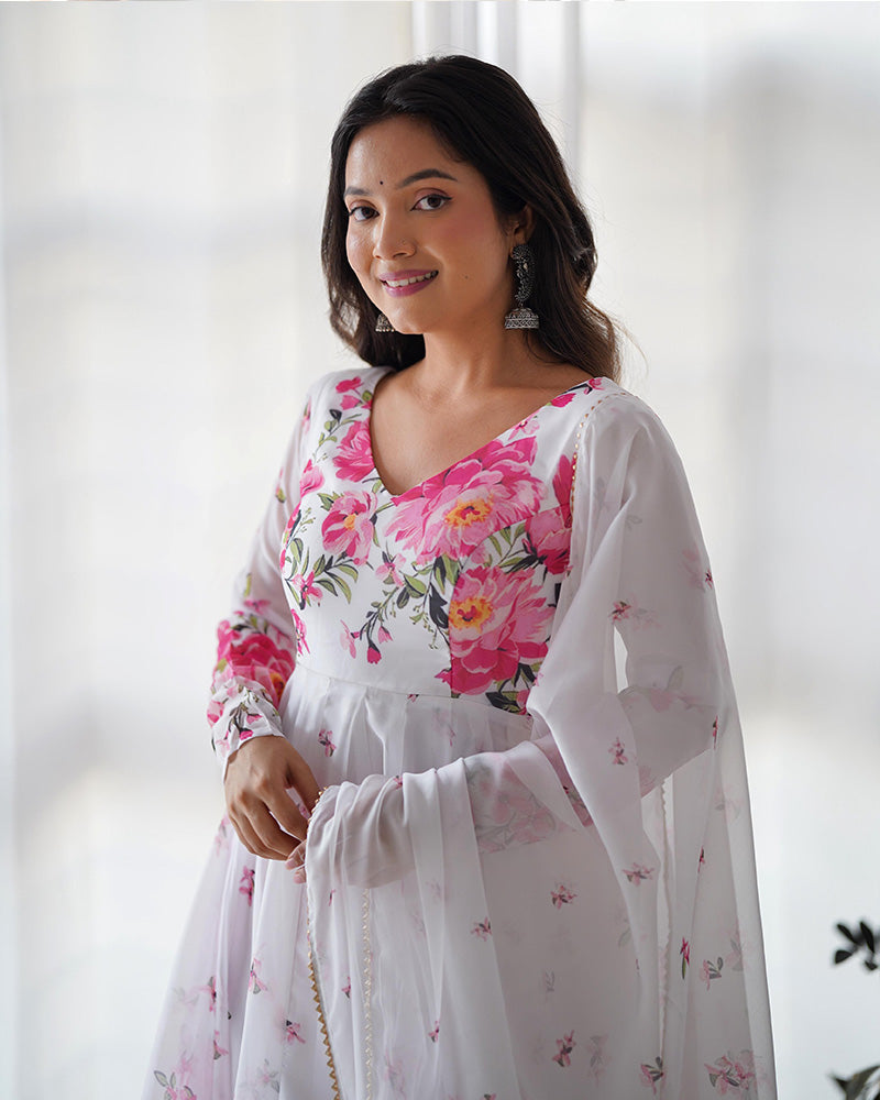 Womenline White Organza Silk Floral Print Three Piece Anarkali Suit