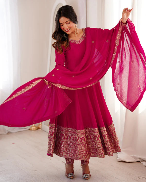 Womenline Rani Pink Color Blooming Vichitra Silk Anarkali Suit