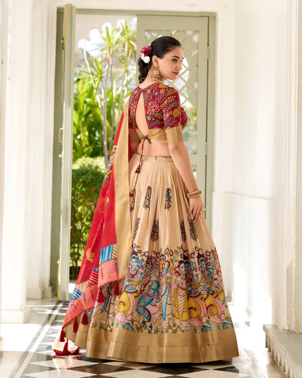 Womenline Cream Color Dola Silk Designer Kalamkari Print Half Saree