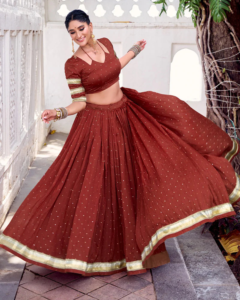 Womenline Classic Rust Orange Color Pure Chanderi Navratri Lehenga Choli