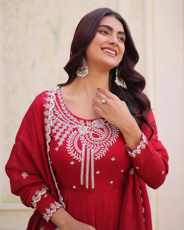 Womenline Royal Red Color Mal Chanderi Cotton Anarkali Suit