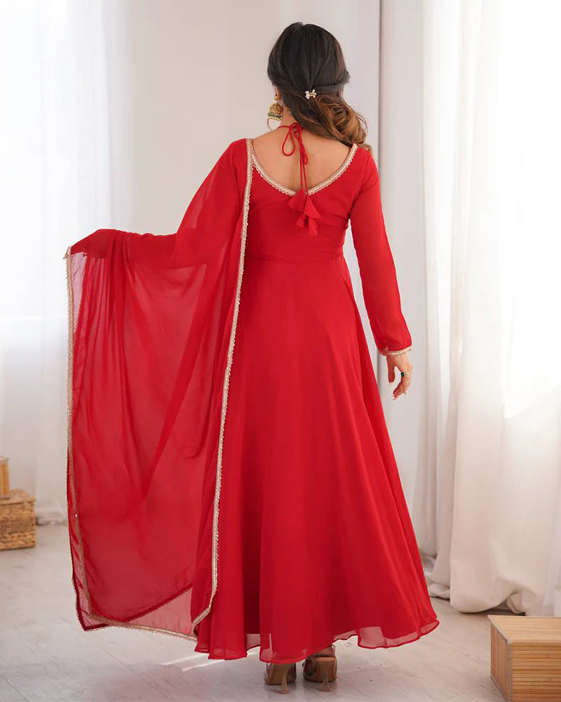 Womenline Red Color Pure Blooming Georgette Anarkali Gown