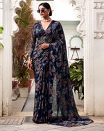Womenline Navy Blue Color Lurex Brasso Viscose Saree