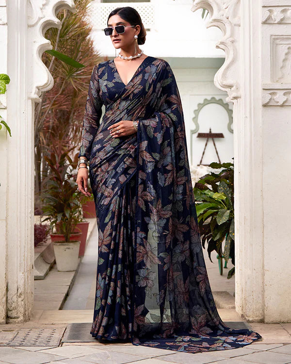 Womenline Navy Blue Color Lurex Brasso Viscose Saree