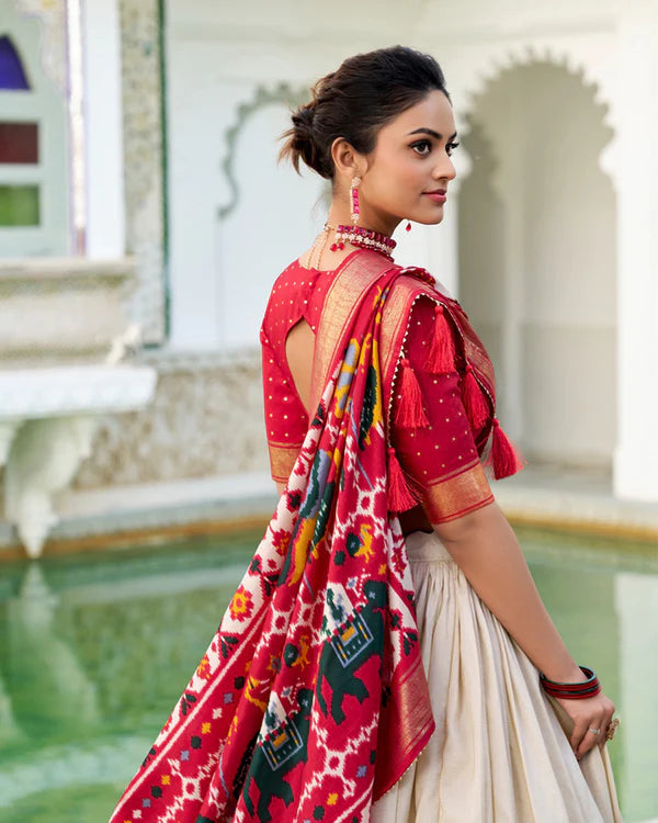 Womenline Off-White Color Tussar Silk Patola Printed Half Saree