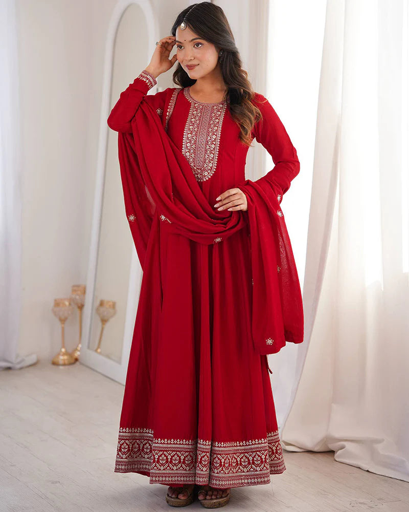 Womenline Dark Red Color Vichitra Silk Embroidered Gown