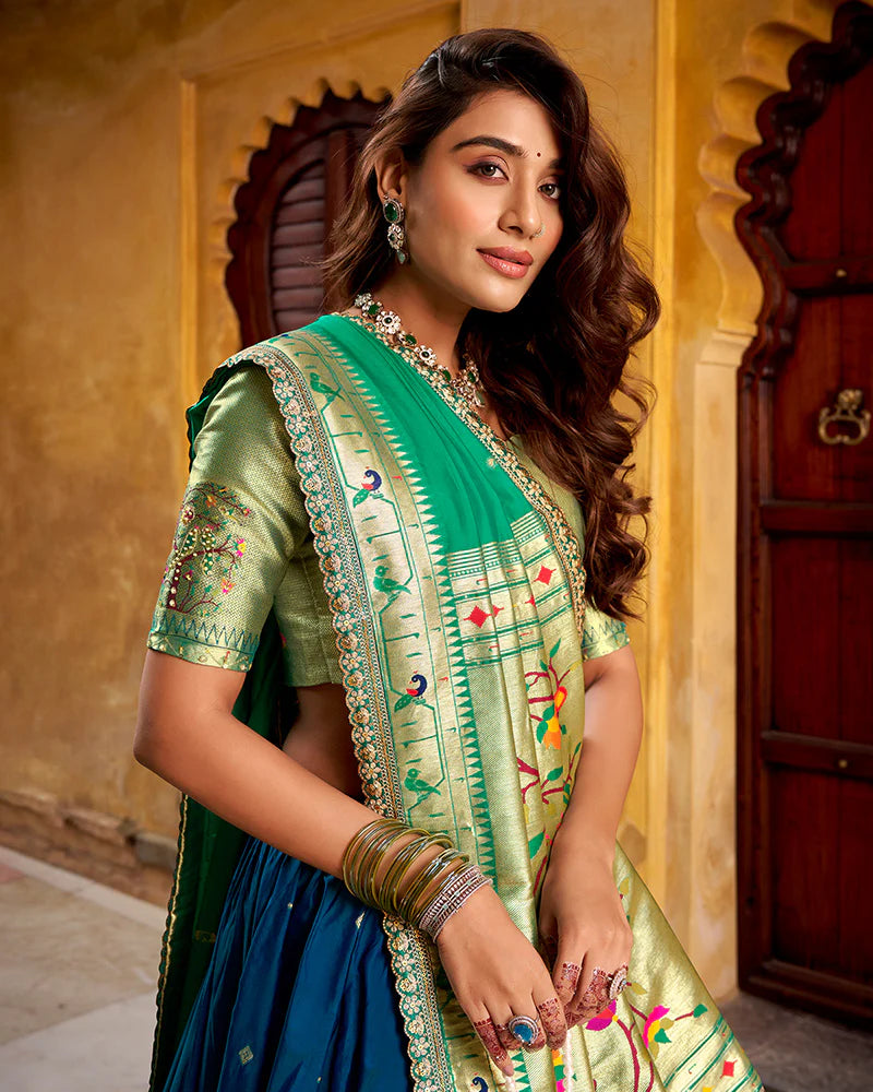 Womenline Navy Blue Color Soft Silk Paithani Lehenga Choli