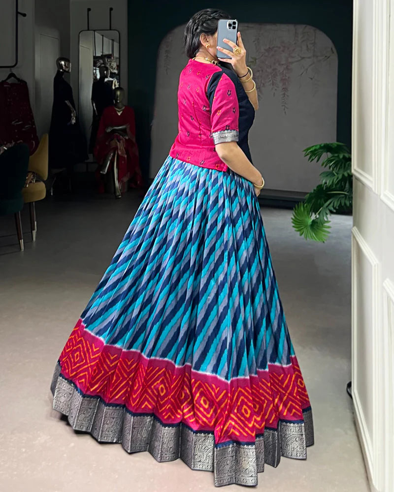 Womenline Firozi Color Tasar Silk Laheriya Printed Lehenga Choli