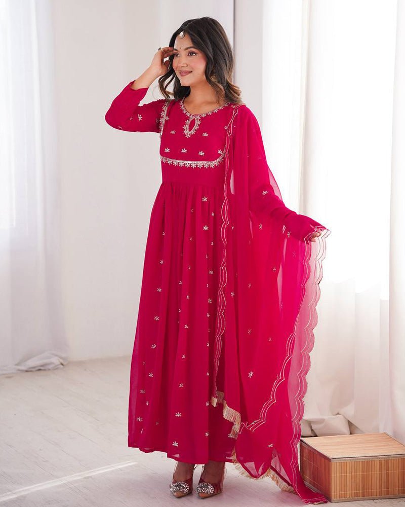 Womenline Rani Pink Color Soft Georgette Embroidered Anarkali Suit