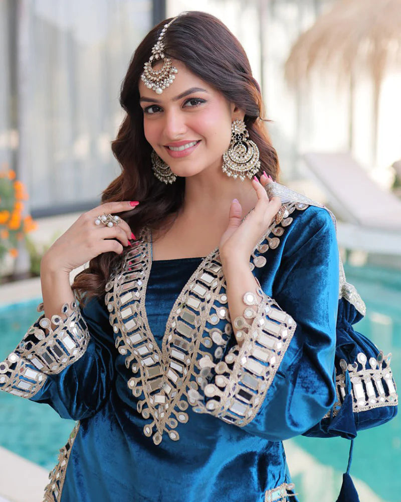 Womenline Peacock Blue Color Ice Velvet Embroidered Plazzo Suit