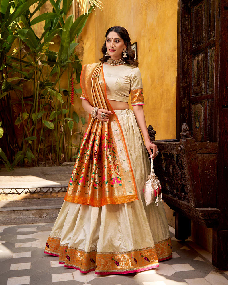 Womenline Off-White Color Paithani Silk Zari Weaving Lehenga Choli