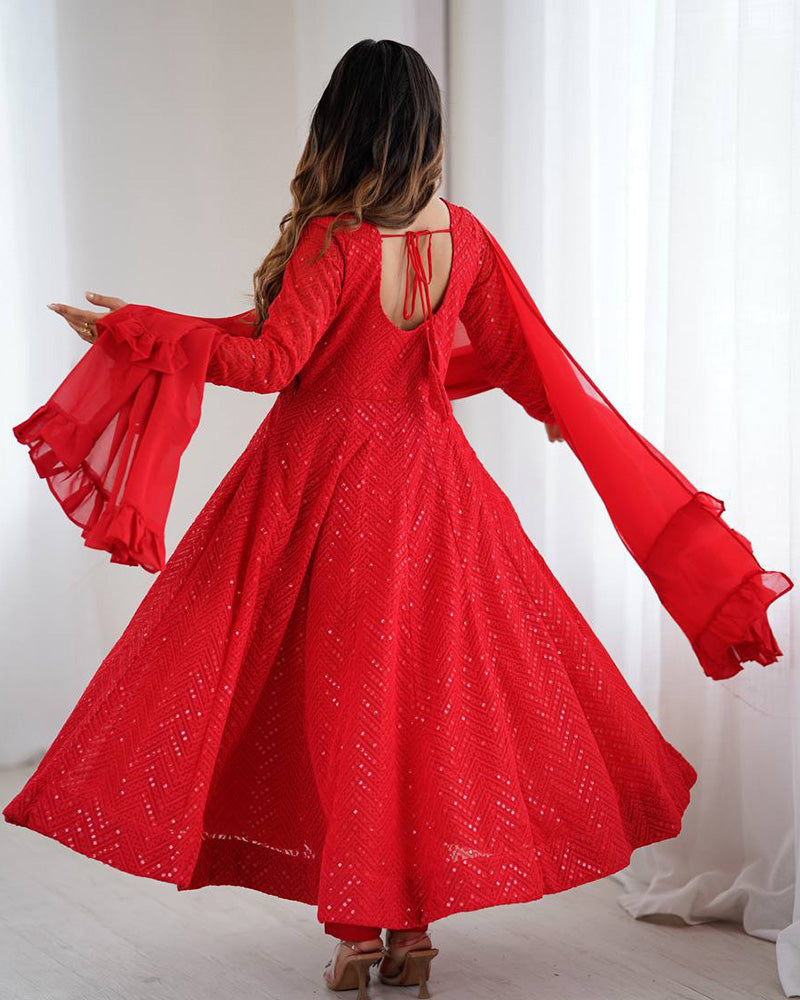 Womenline Designer Red Color Georgette Lucknowi Three Piece Anarkali Suit