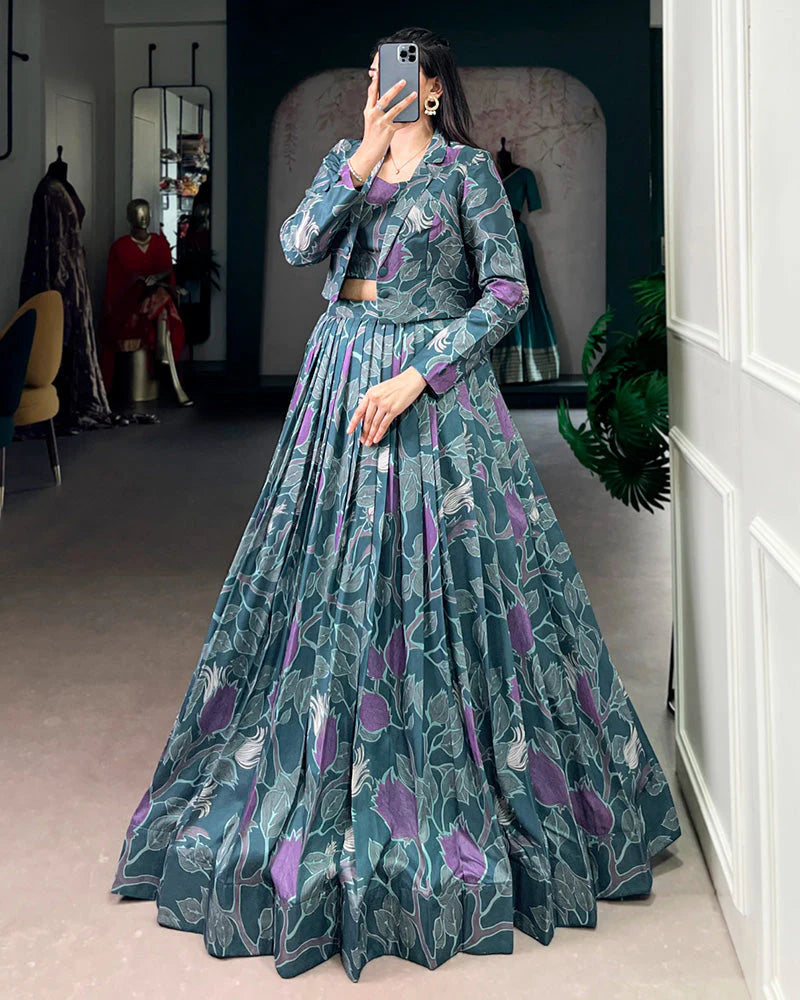 Womenline Teal Blue Color Tasar Silk Printed Lehenga Choli With Koti