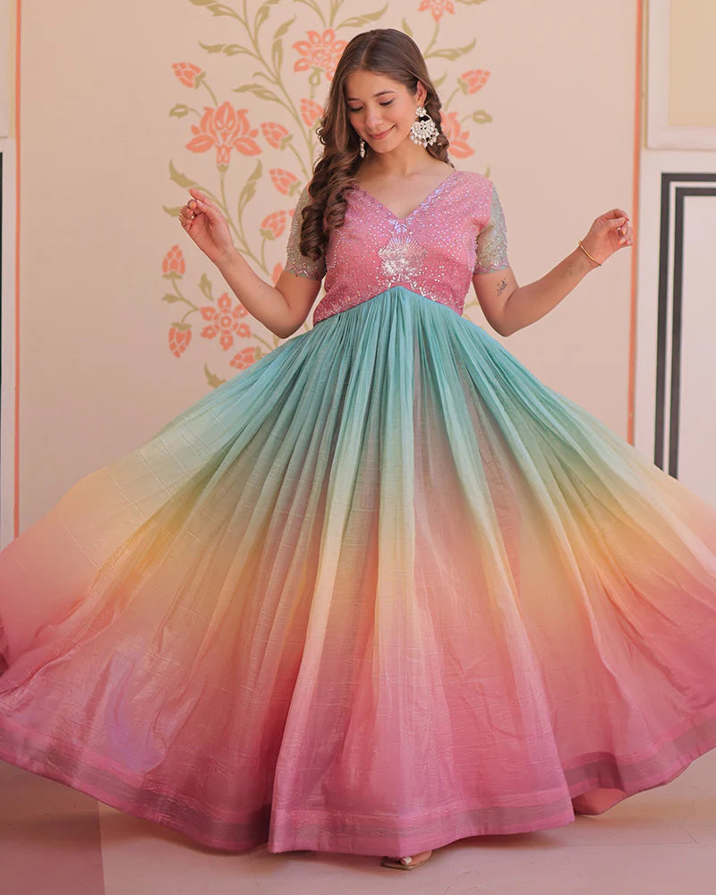 Womenline Puce pink Color Gold Crush Embroidered work Gown
