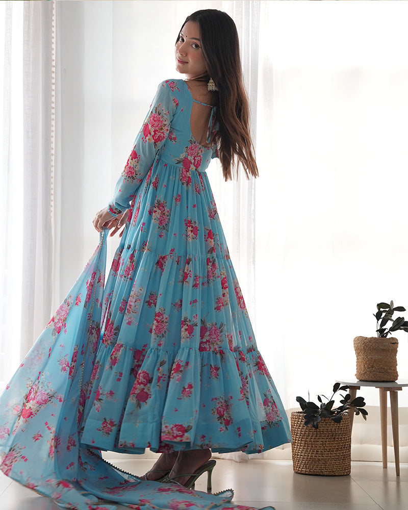 Womenline Sky Blue Color Georgette Three Layer Ruffle Style Anarkali Suit