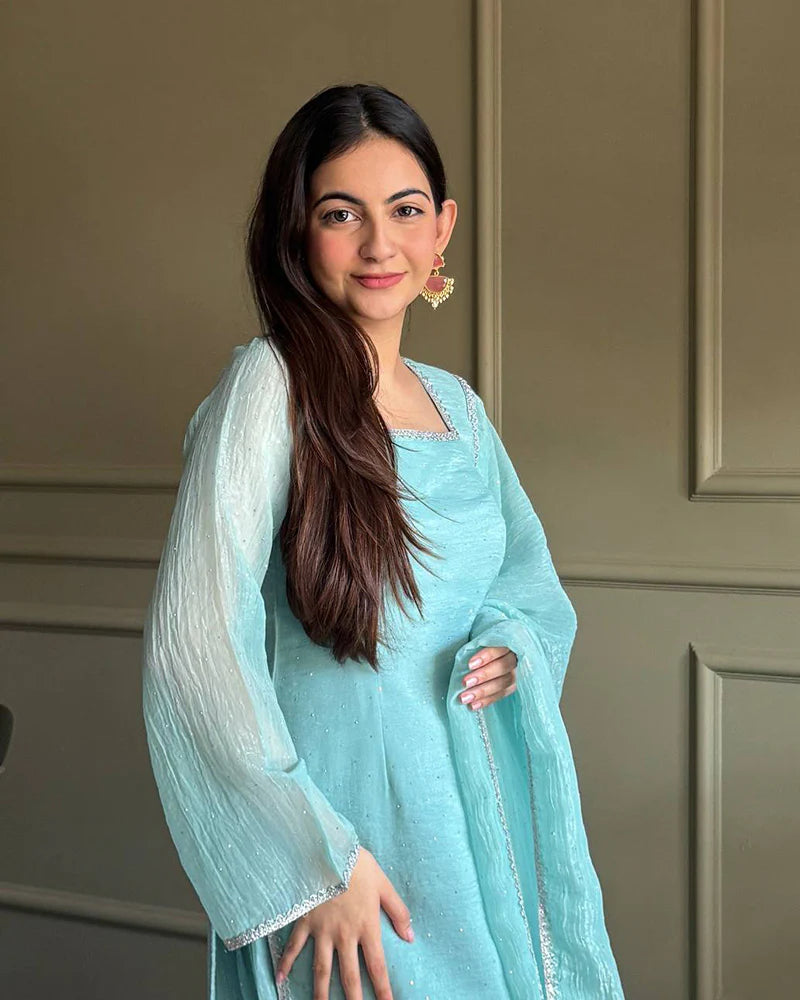 Womenline Sky Blue Color Crunchy Silk Farshi Suit